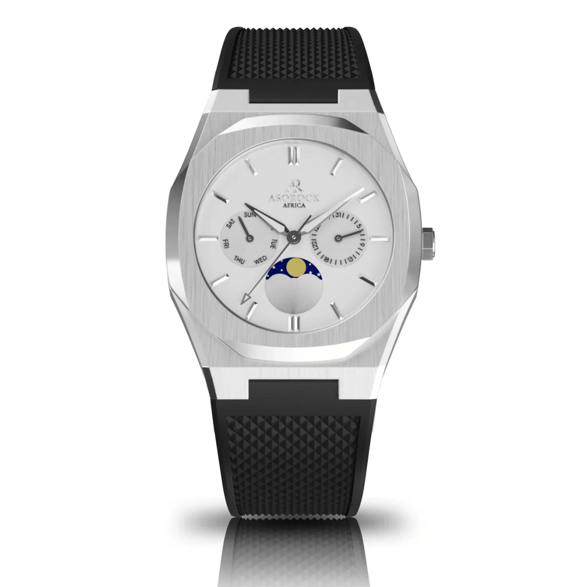 Asorock watches | BLACK RUBBER Silver/White Transporter | 40mm mens watch | Black owned watch brand