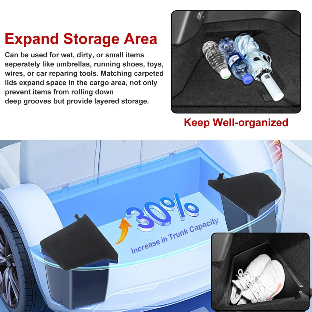 Xotic Tech Black Rear Trunk Side Storage Grocery Box w/Lid Reinforced Handle Partition Board protector Organizer Packet Holder Bin appropriate with Tesla Model Y 5 Seater 2022-up