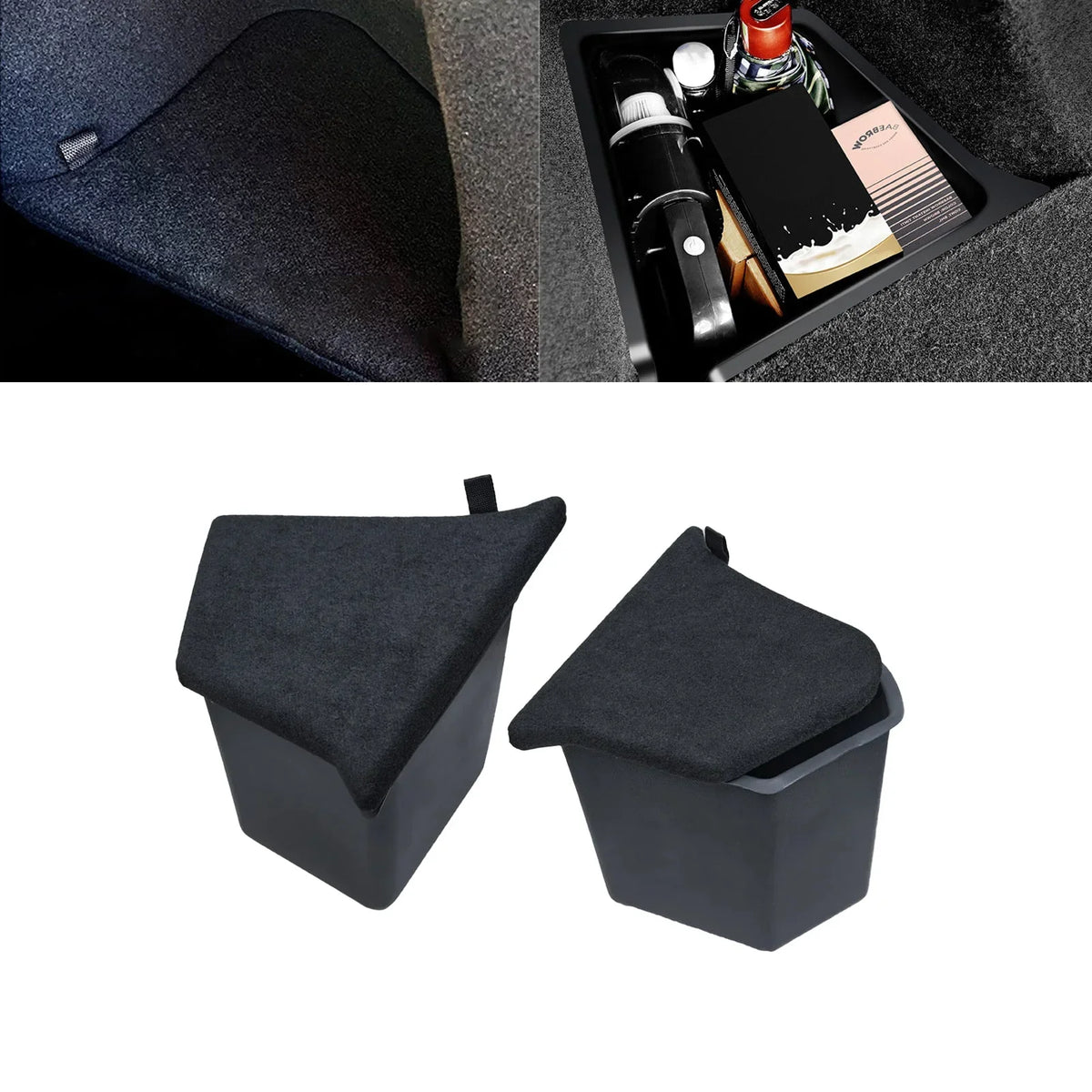 Xotic Tech Black Rear Trunk Side Storage Grocery Box w/Lid Reinforced Handle Partition Board protector Organizer Packet Holder Bin appropriate with Tesla Model Y 5 Seater 2022-up