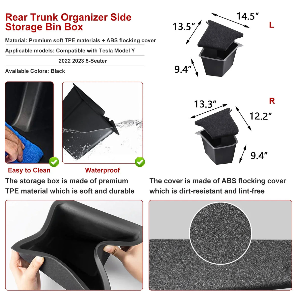 Xotic Tech Black Rear Trunk Side Storage Grocery Box w/Lid Reinforced Handle Partition Board protector Organizer Packet Holder Bin appropriate with Tesla Model Y 5 Seater 2022-up