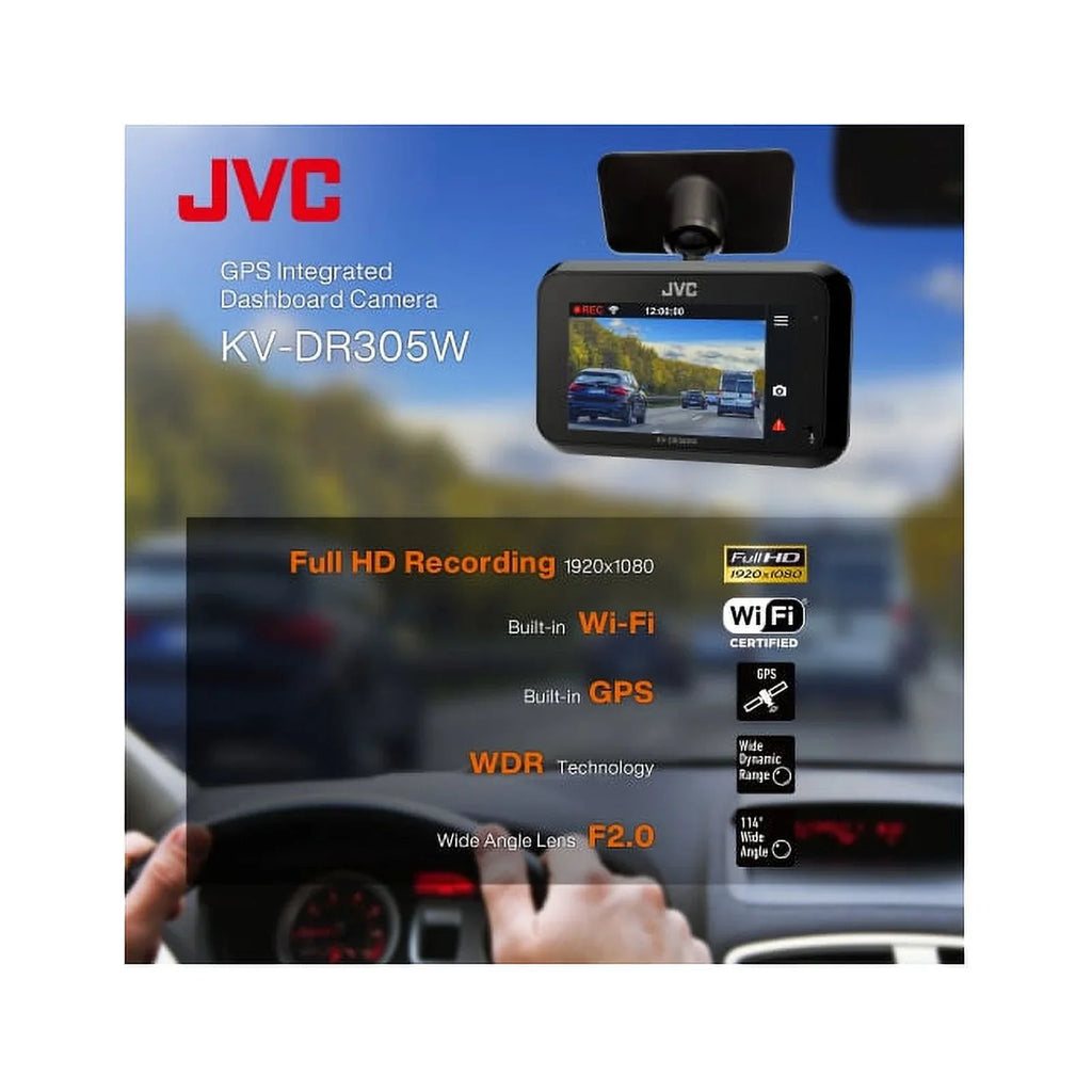 JVC  KV-DR305W Full-HD-Dashcam featuring Integrated GPS, Built-in Wi-Fi, Full HD recording, 3-Axis G-Force Sensor and Smartphone Linkag
