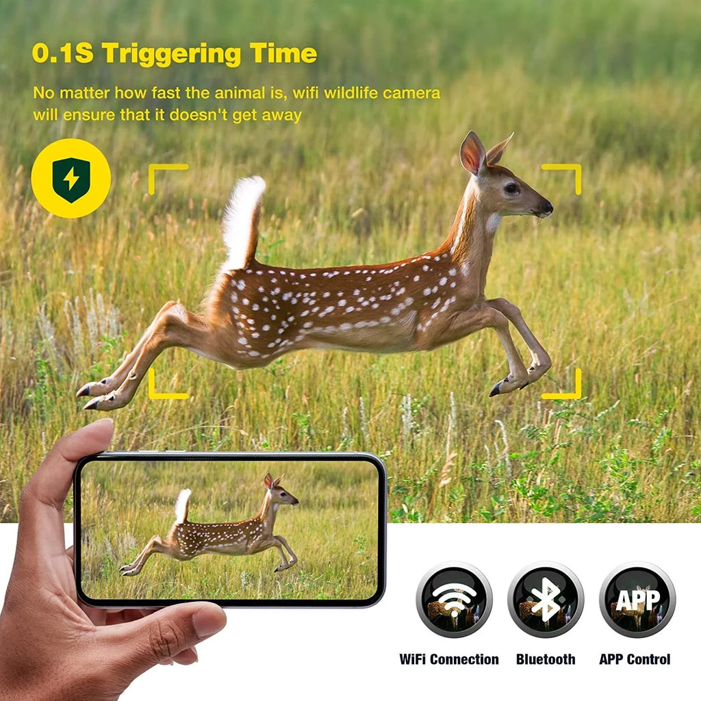 CAMPARK Native 4K 60MP 30FPS Trail Game Cameras WiFi, Starlight Night Vision Dual Lens Bluetooth Waterproof Wildlife Camera with IMX458 Sensors Outdoor Hunting Deer Cam with SD Card