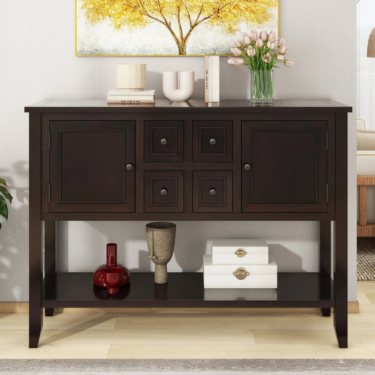 TREXM Cambridge Series Ample Storage Vintage Console Table with Four Small Drawers and Bottom Shelf for Living Rooms  Entrances and Kitchens (White  OLD SKU  WF190263AAA)
