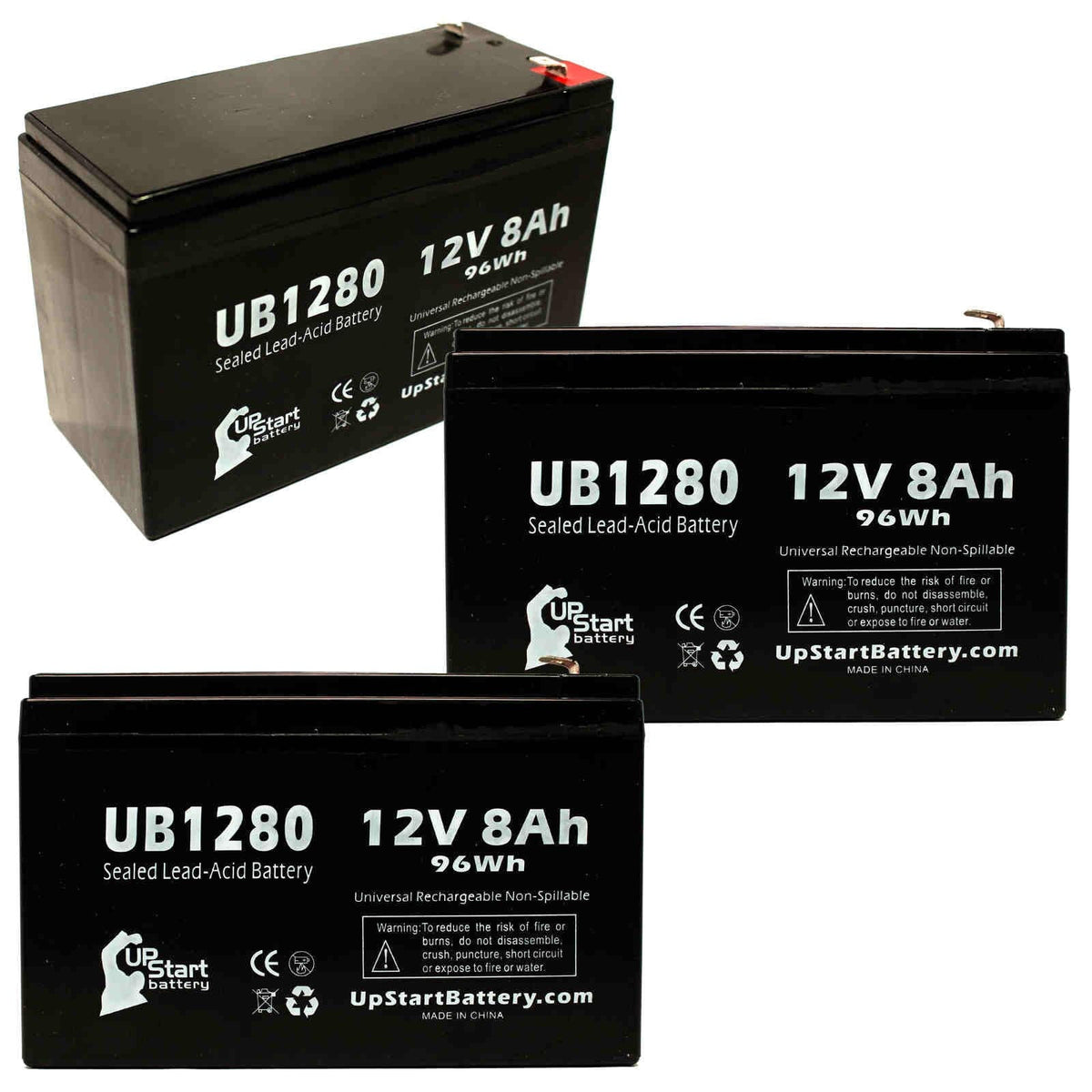 3x Pack - suitable Opti-ups 280ES Battery - Replacement UB1280 Universal Sealed Lead Acid Battery (12V, 8Ah, 8000mAh, F1 Terminal, AGM, SLA) - Includes 6 F1 to F2 Terminal Adapters