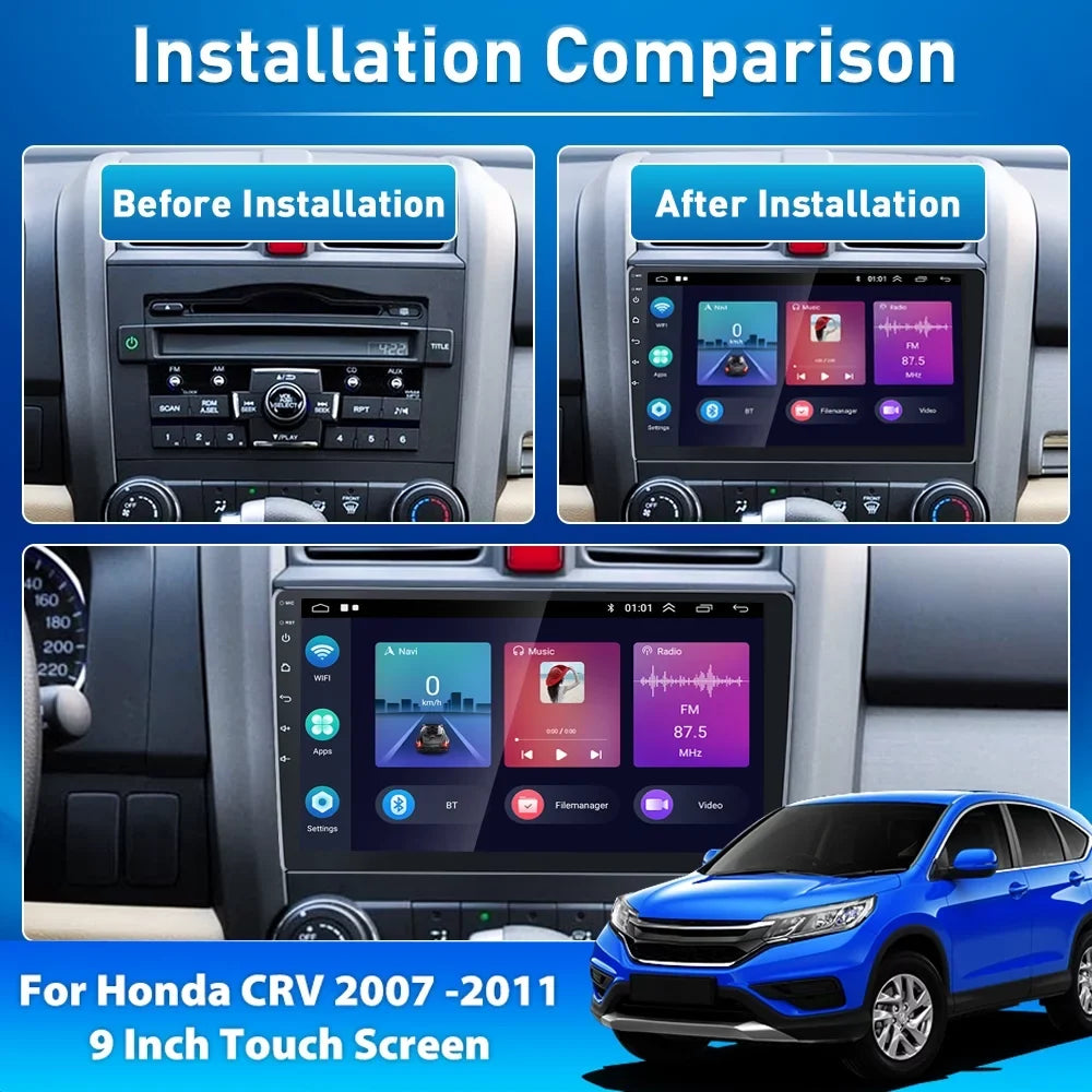 For Honda CRV 2007-2011 9'' Touchscreen Car Stereo Radio Player Wireless Carplay Android Auto Mirror Link HD 1080P Android 12 Bluetooth WIFI GPS FM USB Hifi, AHD Backup Camera