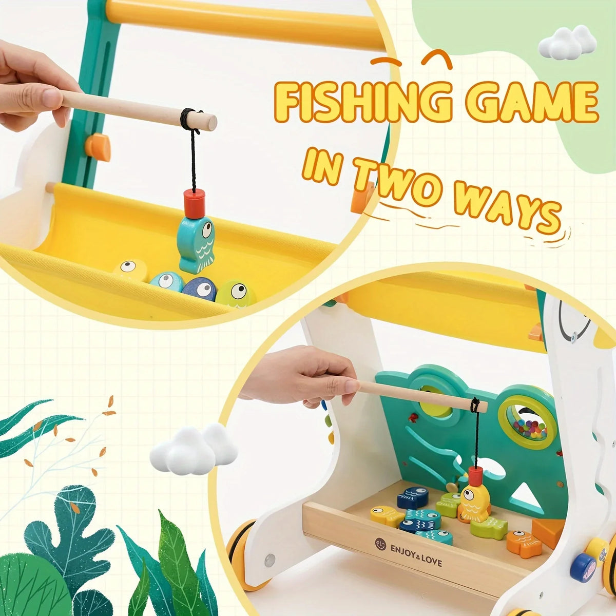 Wooden Baby Walker Sit-to-Stand Learning Baby Push Walker Kids Activity Center Toddler Push Along Trolley with Fishing Toy Shape Sorter Xylophone Multiple Entertainment for Boys Girls Infants