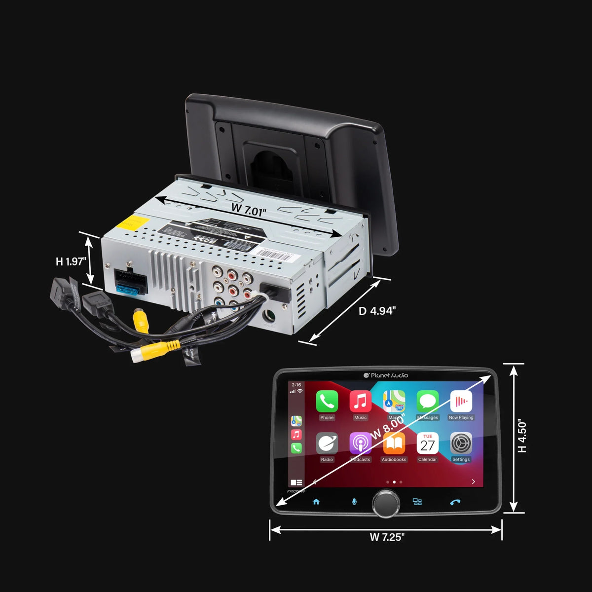 Planet Audio P70CPA-PCF Car Stereo -  CarPlay, Android Auto, Single Din, 7 Inch Touchscreen, Bluetooth, No CD DVD Player, AM/FM Radio Receiver, Backup Camera