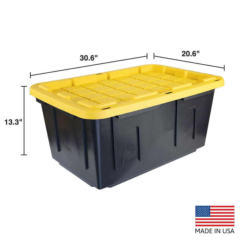 Tough Box 27 Gallon Stackable Snap Lid Plastic Storage Container, Black with Yellow Lid, Set of 4