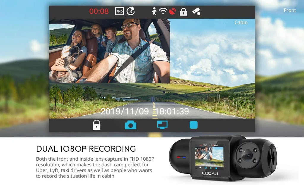 Uber Dual 1080P FHD Built-in GPS Wi-Fi Dash Cam, Front and Inside Car Camera Recorder with Infrared Night Vision,  Sensor, Supercapacitor, 4 IR LEDsG-Sensor, Parking Mode, Loop Recording (D30)