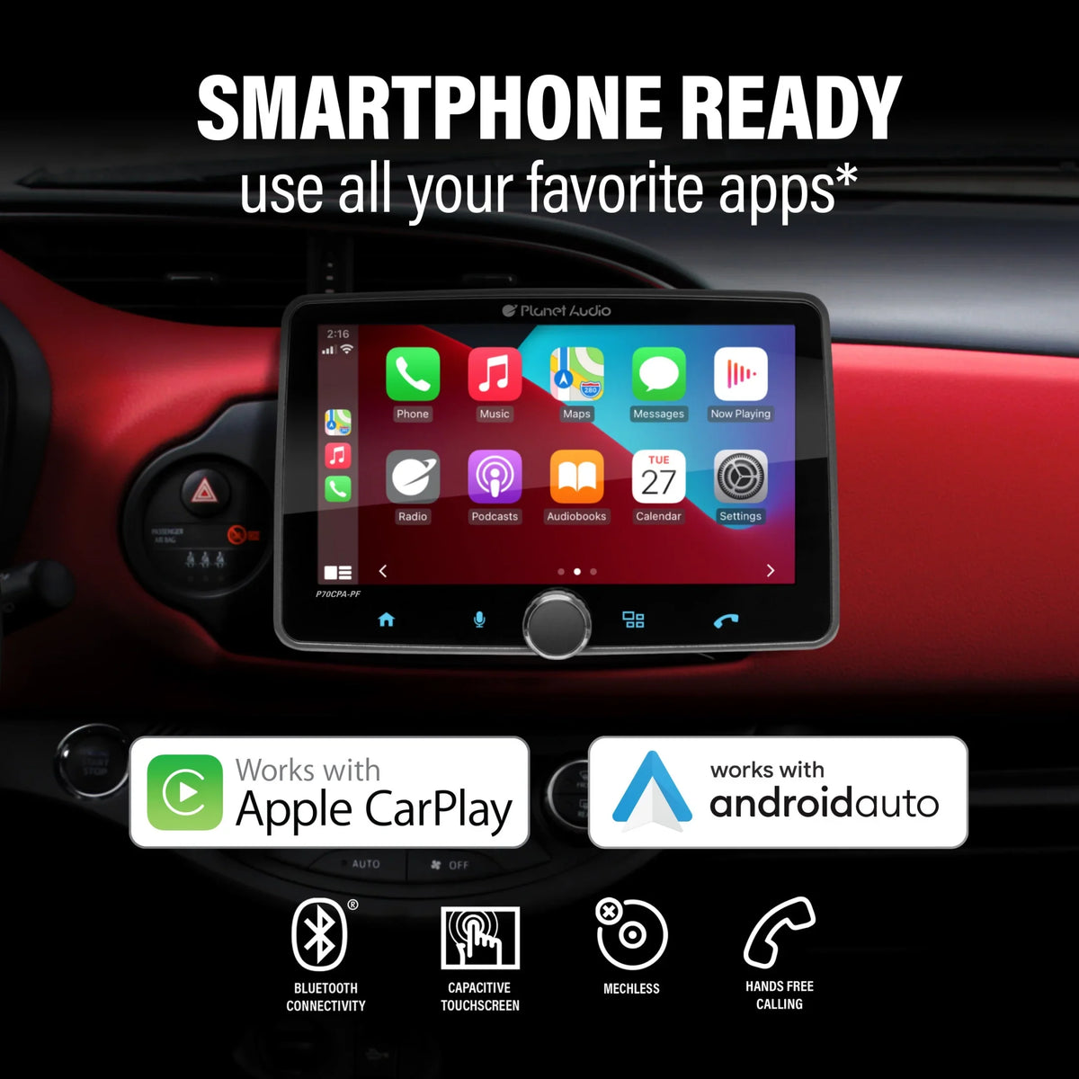Planet Audio P70CPA-PCF Car Stereo -  CarPlay, Android Auto, Single Din, 7 Inch Touchscreen, Bluetooth, No CD DVD Player, AM/FM Radio Receiver, Backup Camera