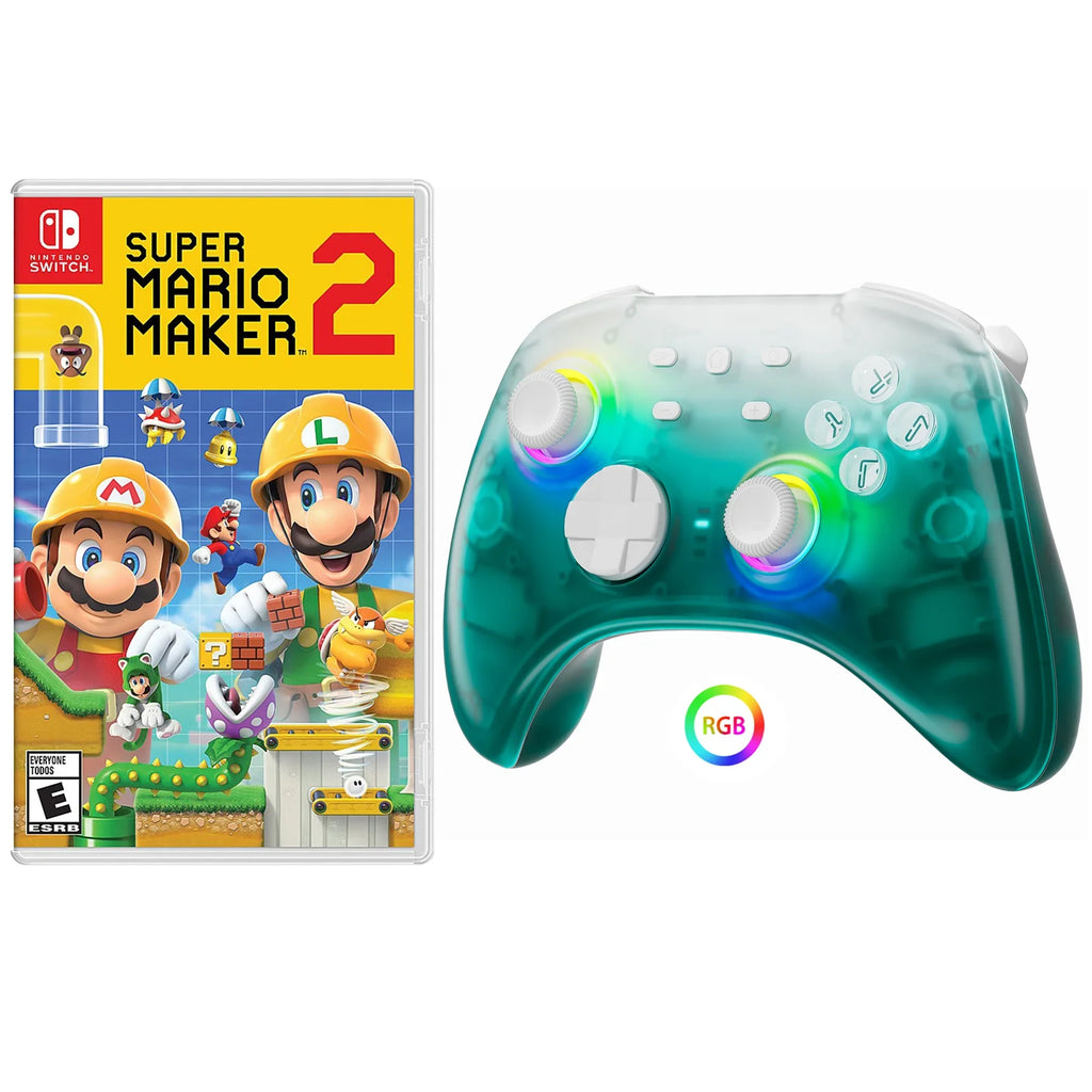 Super Mario Maker 2 Game Disc and Upgraded Switch Pro Controller for Nintendo Switch/PC/IOS/Android/Steam with Hall Effect Joysticks & Triggers Green