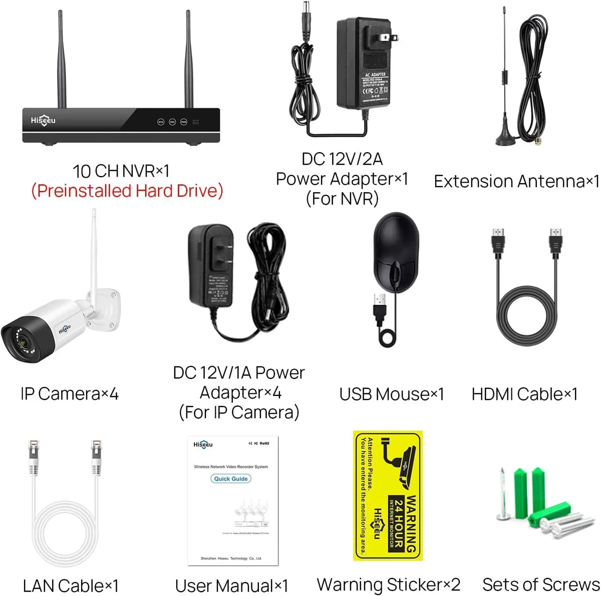 Hiseeu 5MP Wireless Security Camera System 1TB Hard Drive,4Pcs WiFi Security Camera Expandable 10CH NVR, Spotlight, IP66 Waterproof, Motion Alert, Plug&Play, 24/7 Time Record, Work with Alexa
