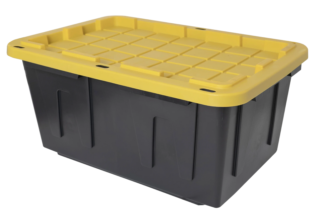 Tough Box 27 Gallon Stackable Snap Lid Plastic Storage Container, Black with Yellow Lid, Set of 4