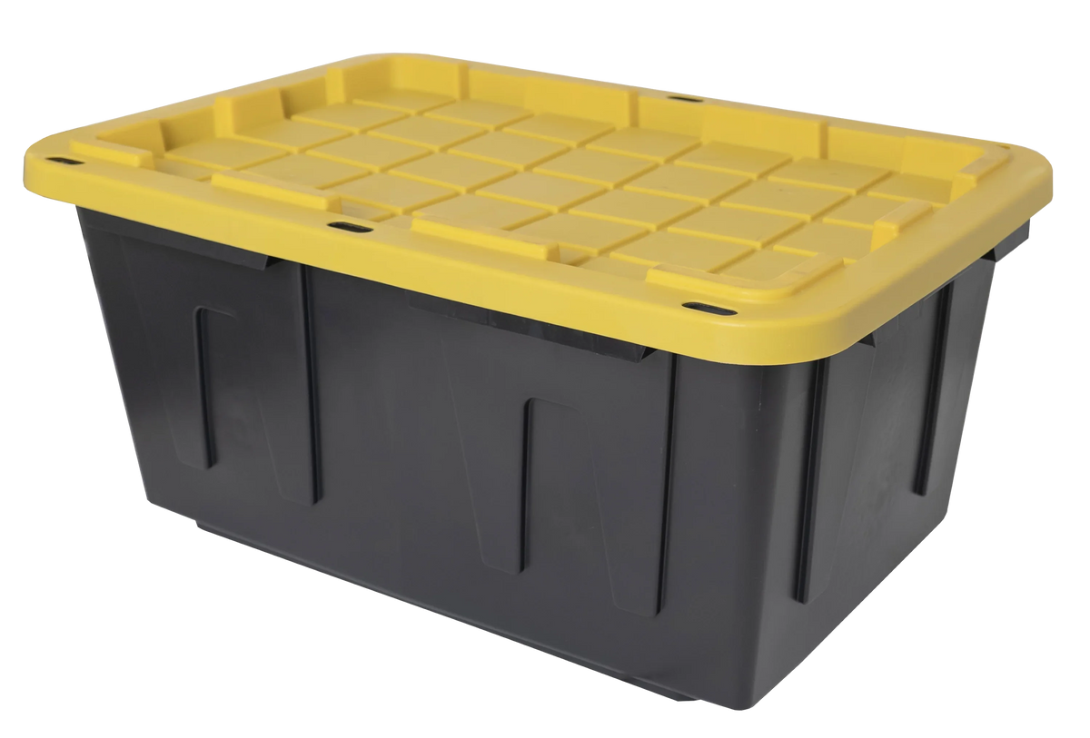 Tough Box 27 Gallon Stackable Snap Lid Plastic Storage Container, Black with Yellow Lid, Set of 4