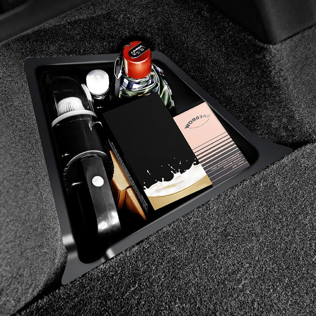 Xotic Tech Black Rear Trunk Side Storage Grocery Box w/Lid Reinforced Handle Partition Board protector Organizer Packet Holder Bin appropriate with Tesla Model Y 5 Seater 2022-up