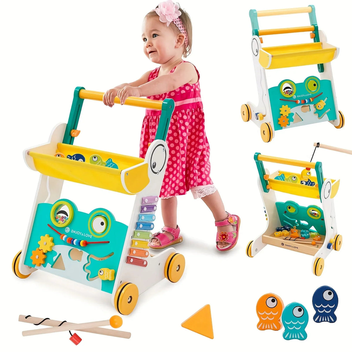 Wooden Baby Walker Sit-to-Stand Learning Baby Push Walker Kids Activity Center Toddler Push Along Trolley with Fishing Toy Shape Sorter Xylophone Multiple Entertainment for Boys Girls Infants