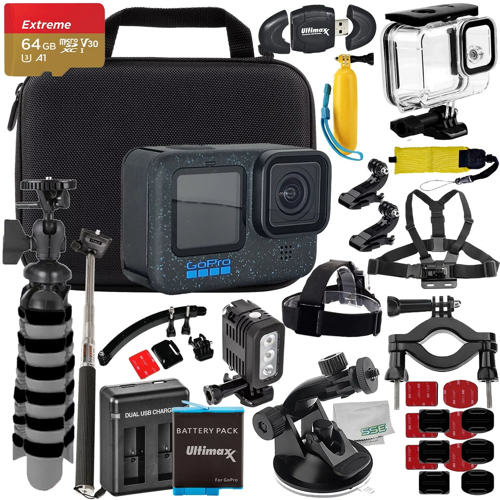 Ultimaxx Premium GoPro Hero 12 Bundle - Includes: 64GB Extreme microSD Memory Card, Replacement Battery, 40M Underwater LED Light & Much More (30pc Bundle)